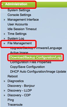 برای شروع بک آپ گرفتن از سوئیچ های سیسکو در گام اول وارد رابط کاربری وب دستگاه شده و از قسمت Administration>File Management وارد بخش Download/Backup Configuration/Log می‌شویم