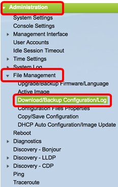 برای شروع بک آپ گیری از سوئیچ های سیسکو در گام اول وارد رابط کاربری وب دستگاه شده و از قسمت Administration>File Management وارد بخش Download/Backup Configuration/Log می‌شویم